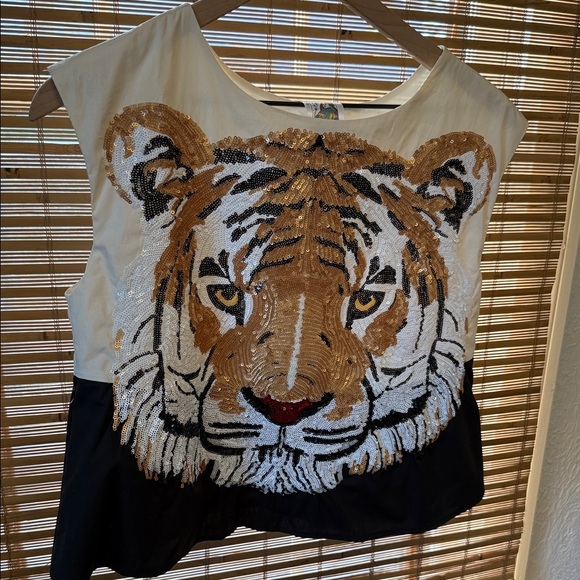 QUEEN OF SPARKLES Tops - QUEEN OF SPARKLES Sequin Tiger Tank Top - Cream and Black